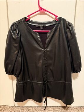 Marc New York Black Faux Leather Puff Sleeve Blouse